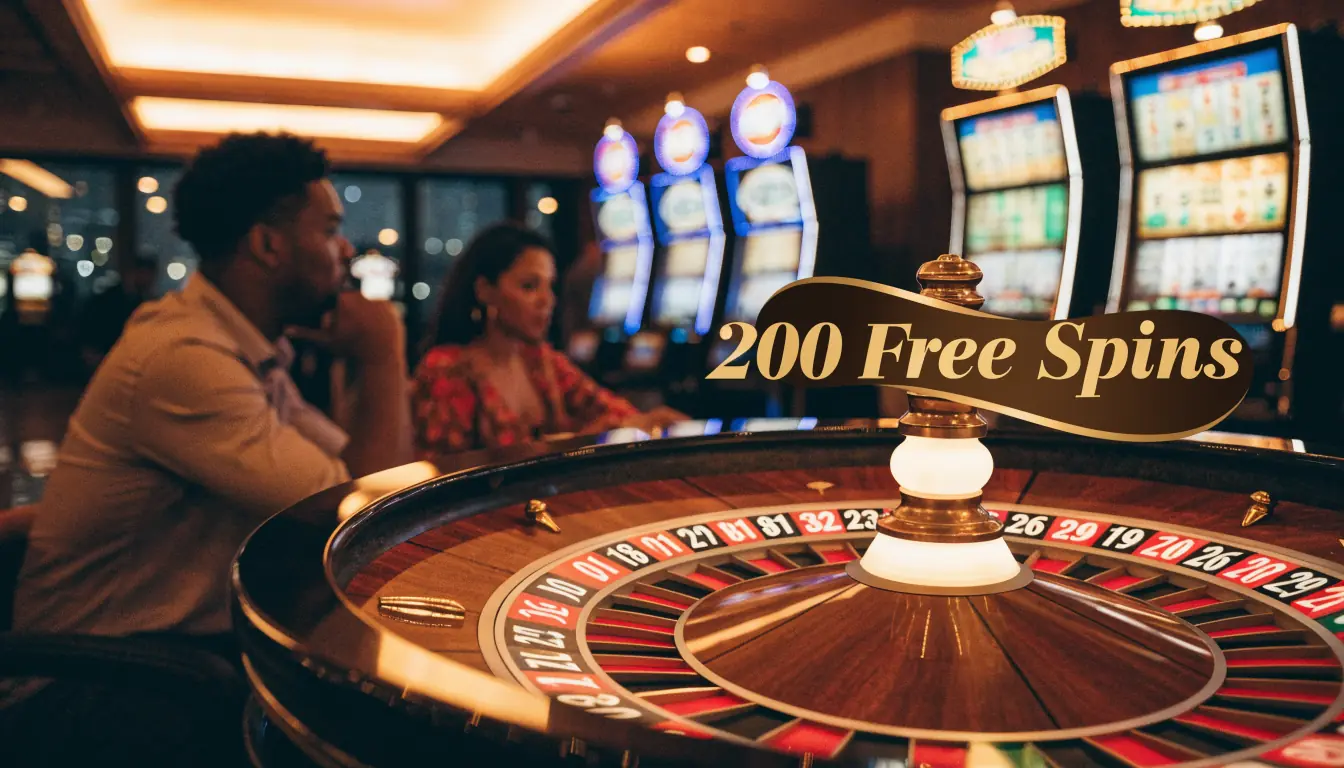 Australian casino lounge with glowing roulette wheel and 200 free spins banner