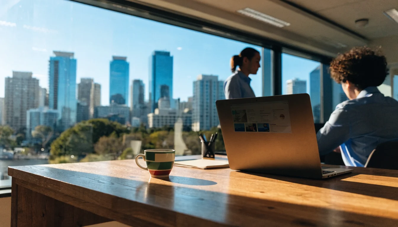 Australian office with laptop and skyline view