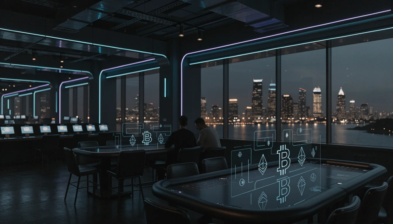 Futuristic Australian casino interior with neon lights and holographic crypto symbols.