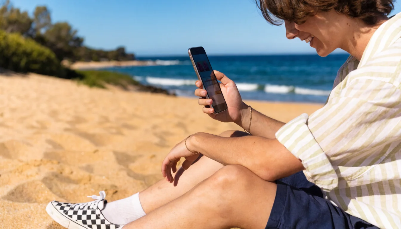 Australian person on beach browsing casino site on phone
