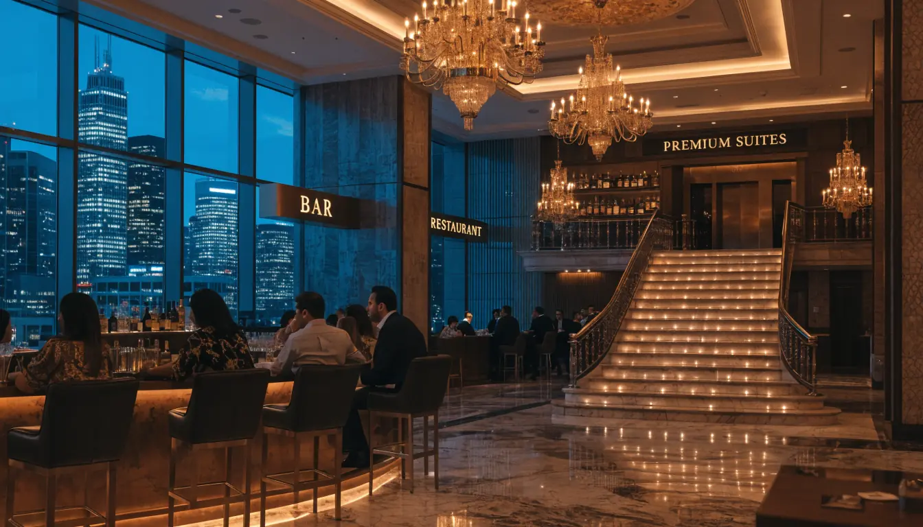 Luxurious casino hotel lobby with marble floor and chandeliers