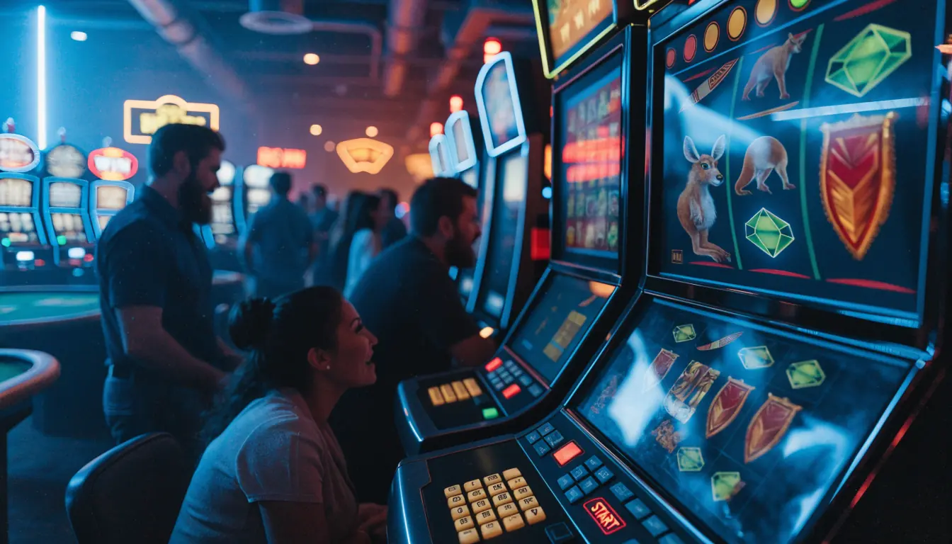 Australian casino slot machine with neon lights and spinning reels