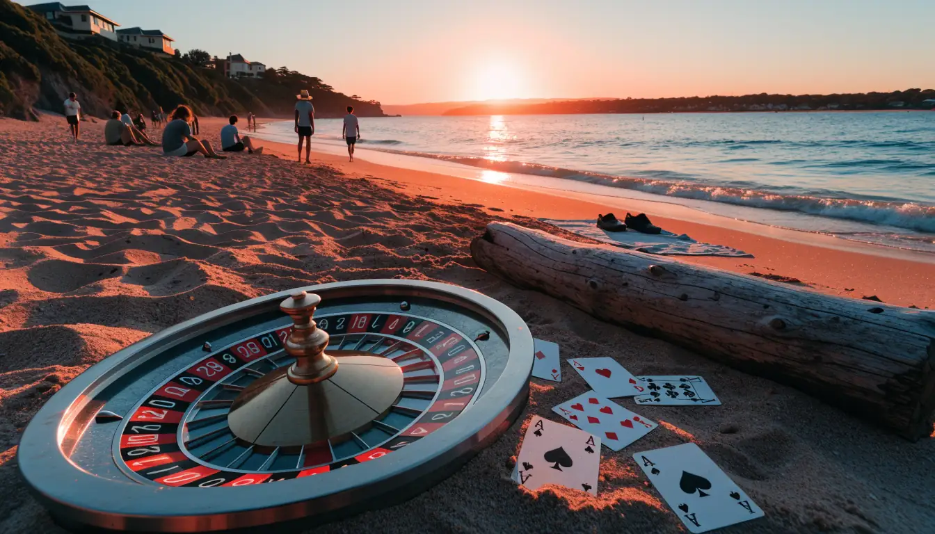 Sunset beach with roulette wheel and playing cards in sand