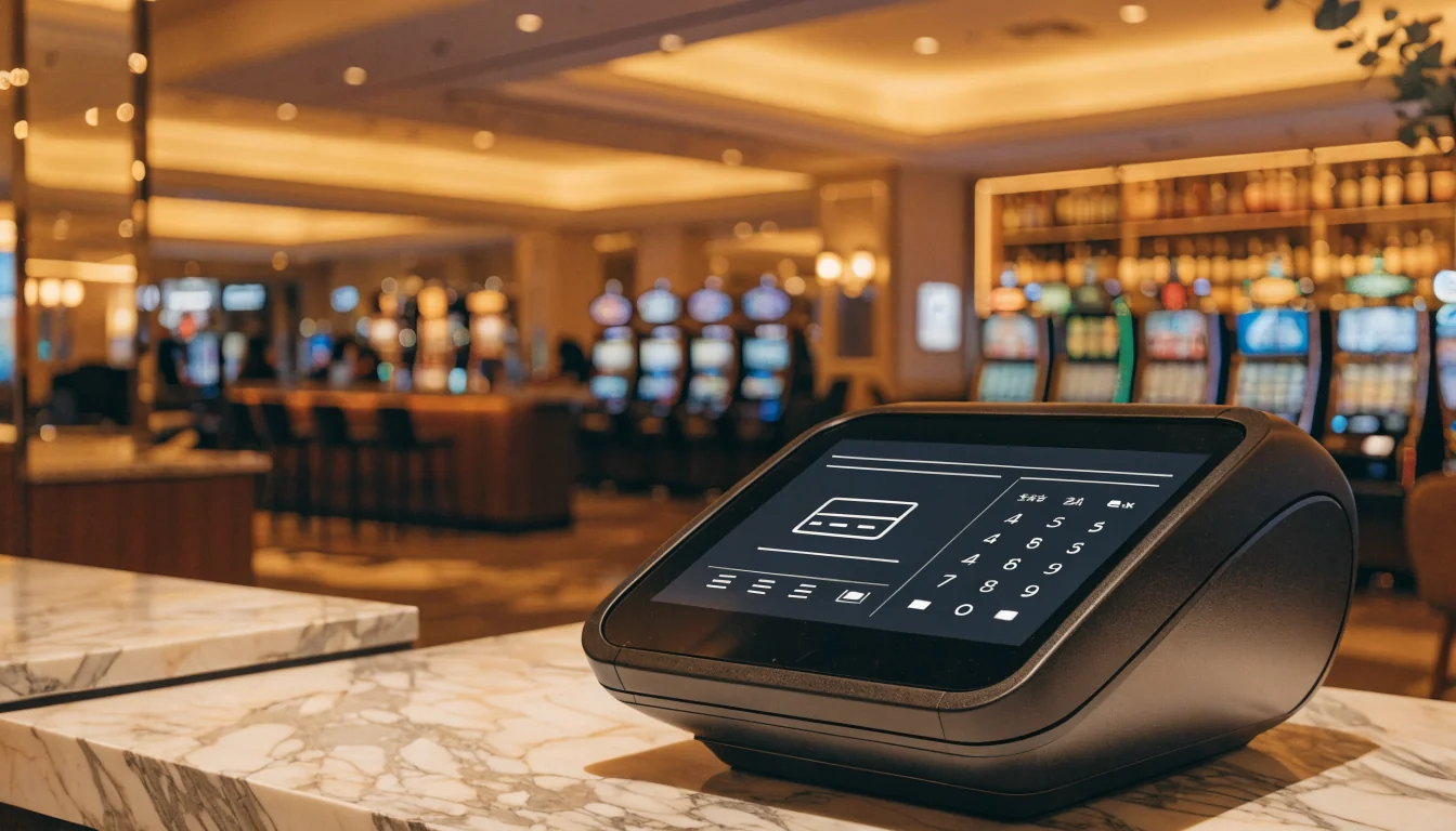 Australian casino interior with futuristic payment terminal on marble counter