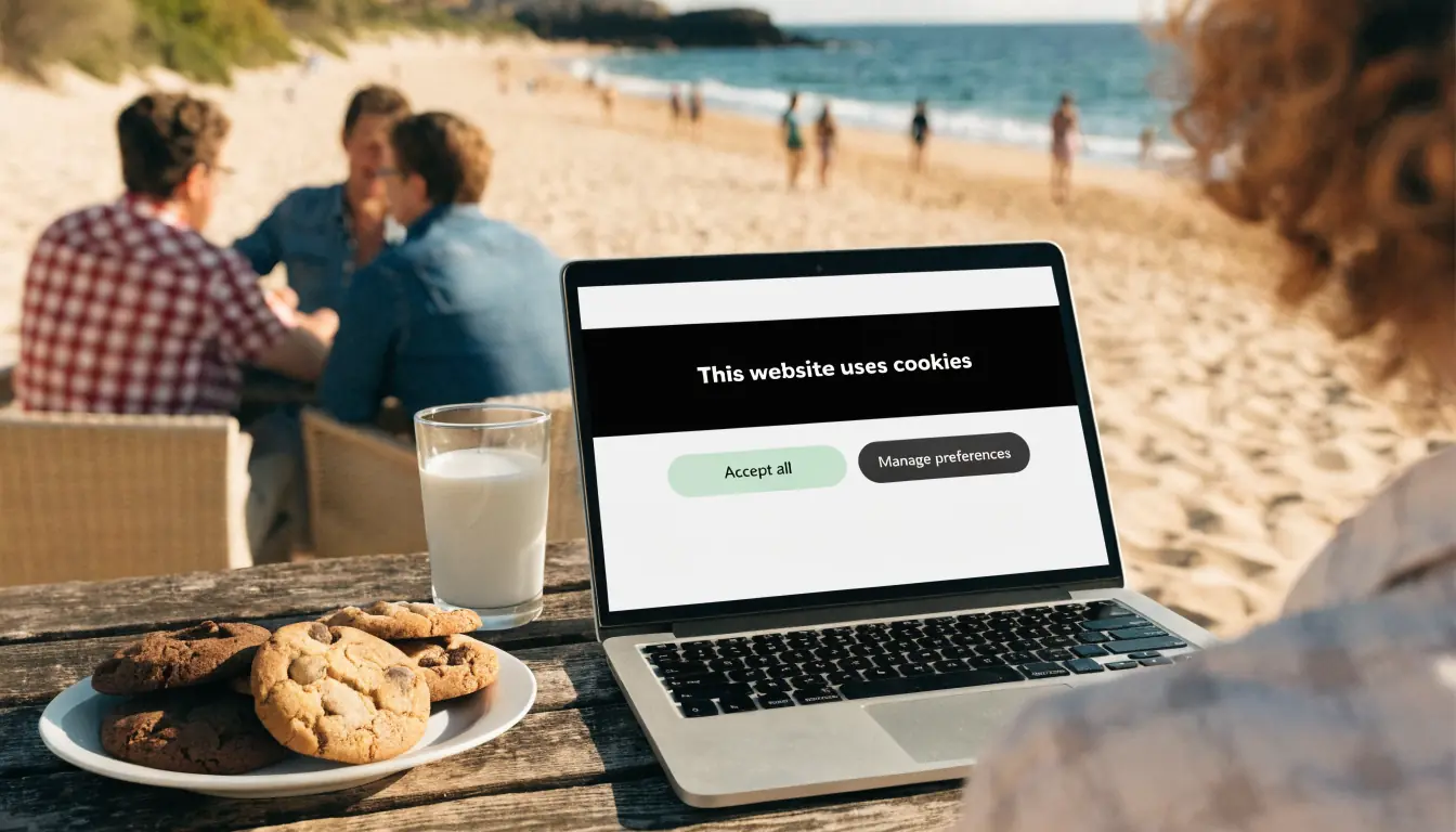 Australian beach table with cookies, milk, and laptop showing consent banner