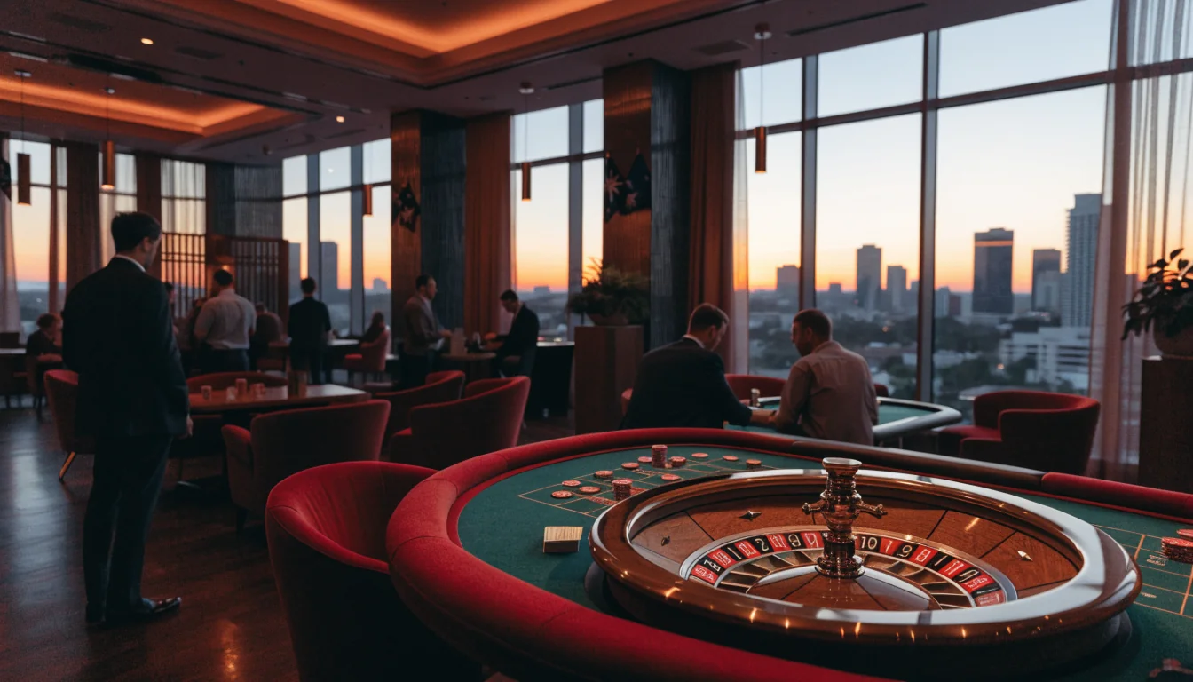 Australian casino lounge with roulette table and sunset city view