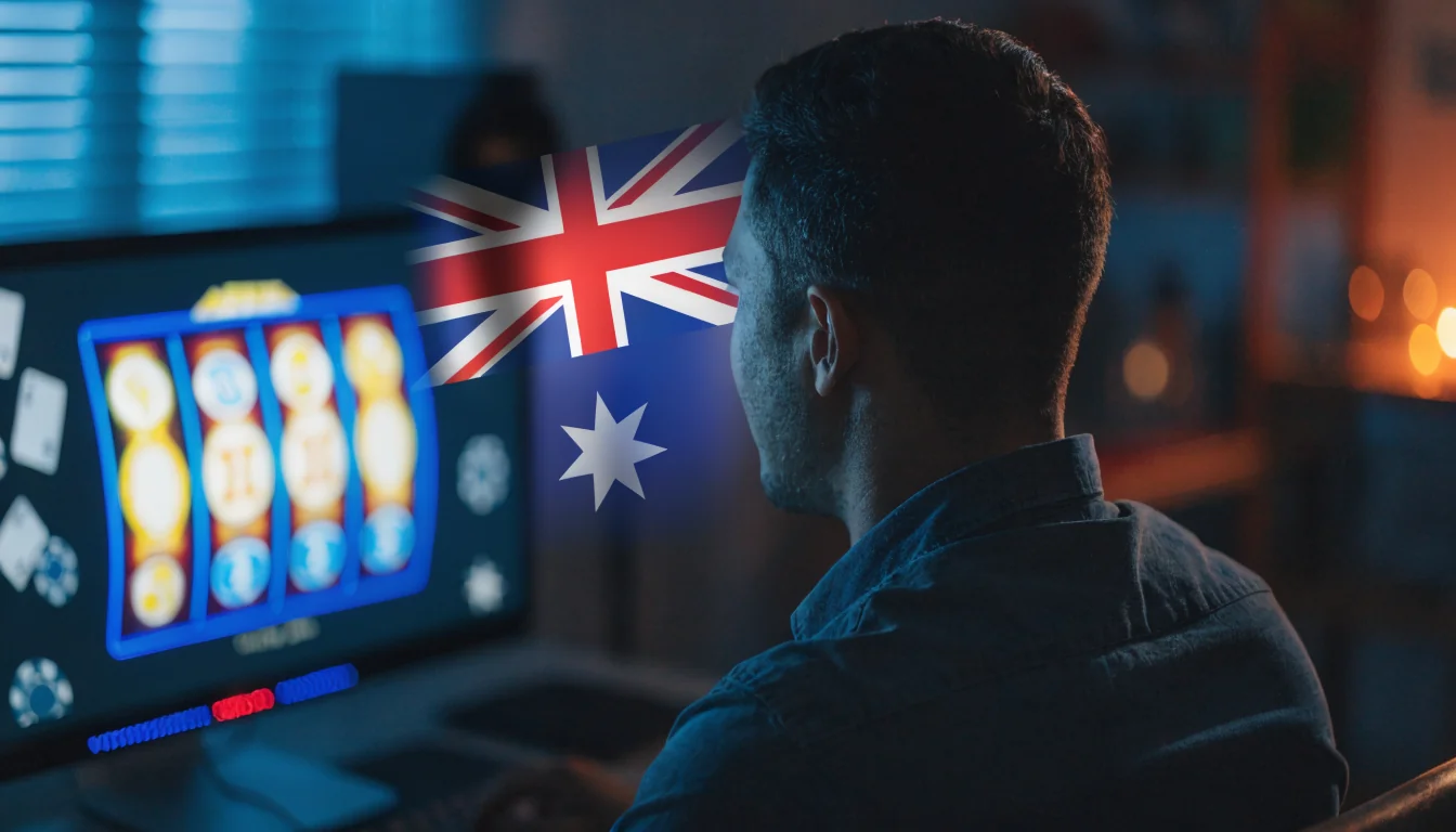 Player viewing blurred online casino games with Australian flag