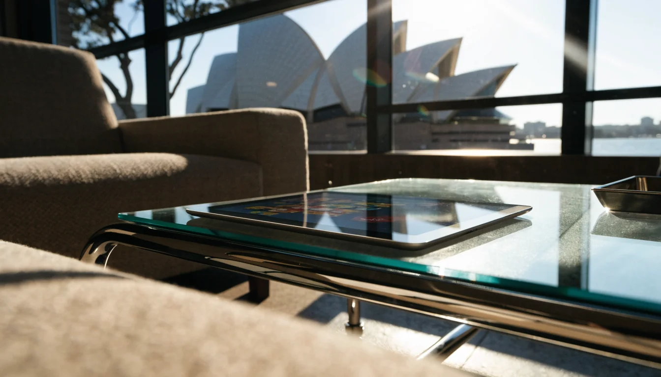 Australian living room with iPad showing blurred casino game