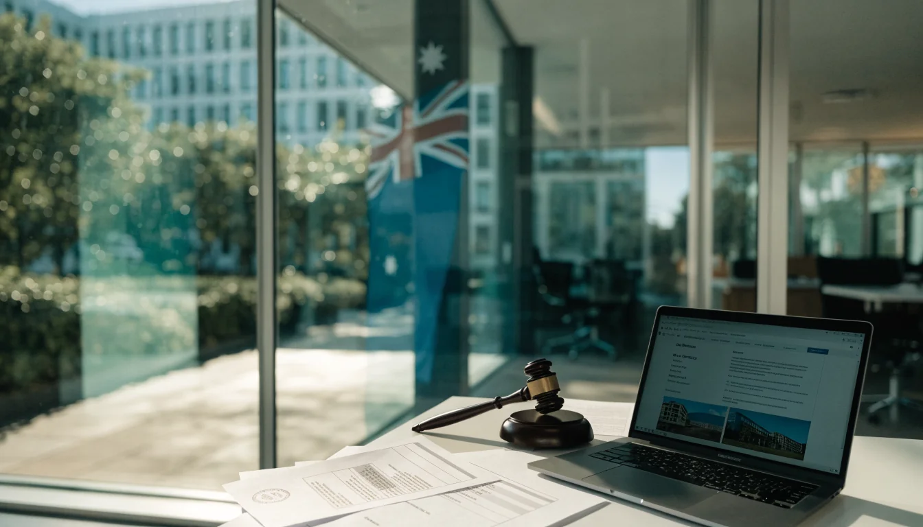 Australian office desk with legal documents and gavel