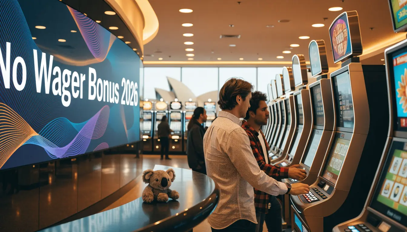 Australian casino interior with slot machines and subtle koala plush.