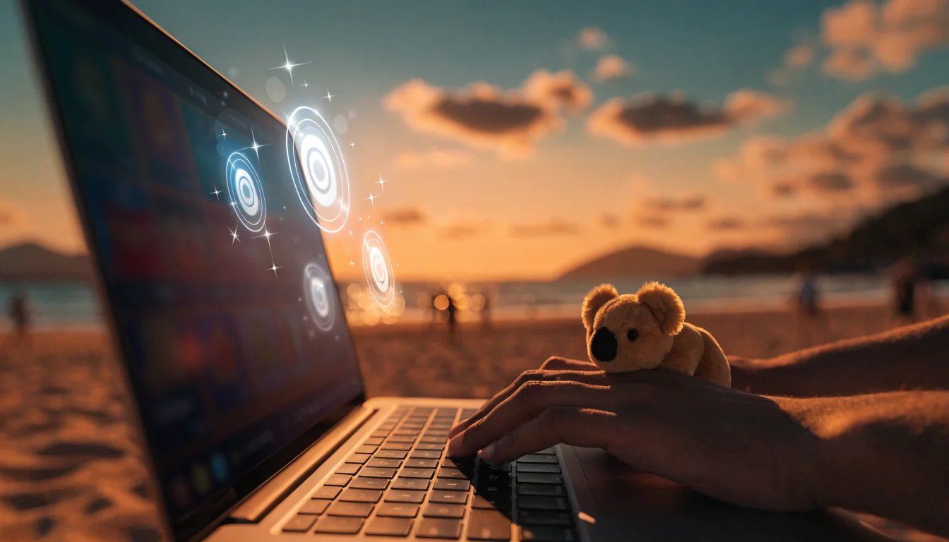 Australian beach sunset with laptop showing pokies free spins.