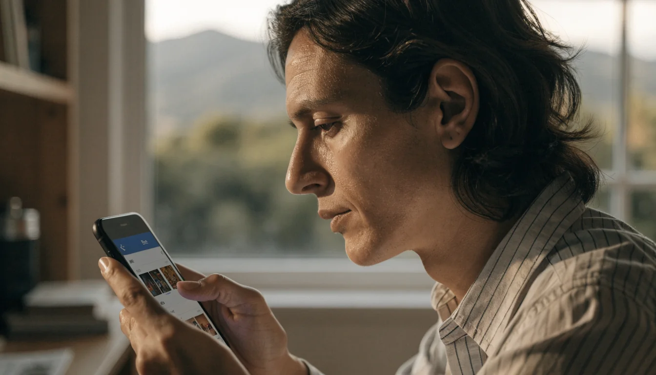Adult in Australian home office contemplating gambling on phone