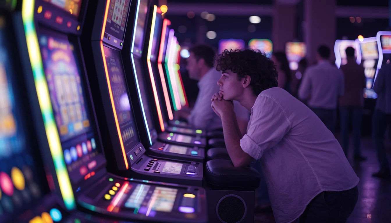 Australian casino floor with glowing pokies machines at night
