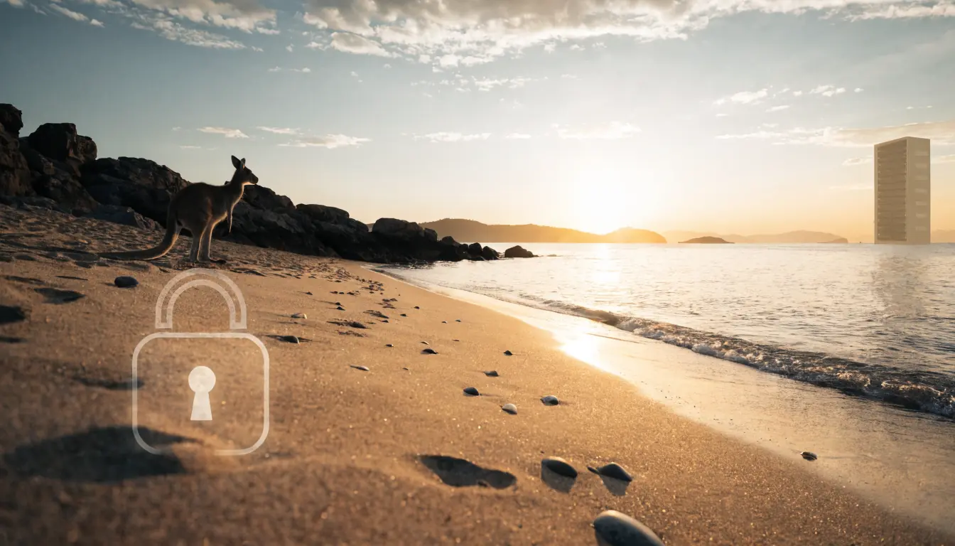 Sunset Australian beach with lock symbol and kangaroo
