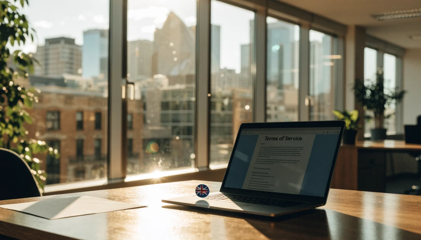 Australian office desk with laptop showing terms of service.